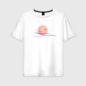 Женская футболка хлопок Oversize с принтом Солнечный шар в Ухте, 100% хлопок | свободный крой, круглый ворот, спущенный рукав, длина до линии бедер
 | sea | sun | закат | море | небо | птицы | солнце | чайки