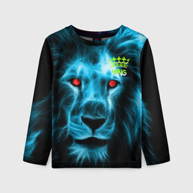 Детский лонгслив 3D с принтом ЛЕВ ЦАРЬ ЗВЕРЕЙ в Ухте, 100% полиэстер | длинные рукава, круглый вырез горловины, полуприлегающий силуэт
 | зверь | король | лев | неон | спокойствие | хищник | шерсть