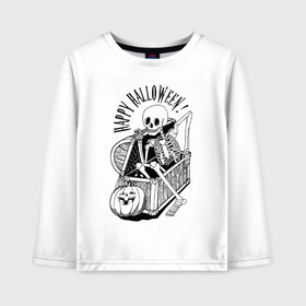 Детский лонгслив хлопок с принтом The skeleton in the chest в Ухте, 100% хлопок | круглый вырез горловины, полуприлегающий силуэт, длина до линии бедер | bones | chest | halloween | holiday | pumpkin | skeleton | skull | кости | скелет | сундук | тыква | хэллоуин | череп