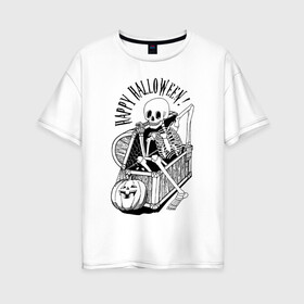 Женская футболка хлопок Oversize с принтом The skeleton in the chest в Ухте, 100% хлопок | свободный крой, круглый ворот, спущенный рукав, длина до линии бедер
 | bones | chest | halloween | holiday | pumpkin | skeleton | skull | кости | скелет | сундук | тыква | хэллоуин | череп