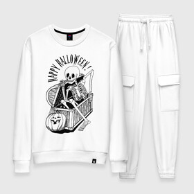 Женский костюм хлопок с принтом The skeleton in the chest в Ухте, 100% хлопок | на свитшоте круглая горловина, мягкая резинка по низу. Брюки заужены к низу, на них два вида карманов: два 