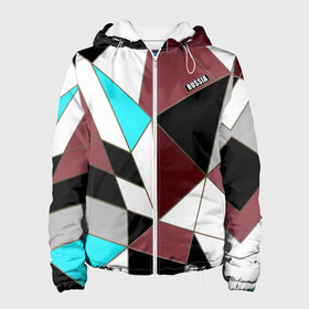 Женская куртка 3D с принтом Геометрический узор  в Ухте, ткань верха — 100% полиэстер, подклад — флис | прямой крой, подол и капюшон оформлены резинкой с фиксаторами, два кармана без застежек по бокам, один большой потайной карман на груди. Карман на груди застегивается на липучку | абстрактный | молодежный | патриотический | россия | современный | спортивный | треугольники