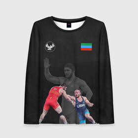 Женский лонгслив 3D с принтом Dagestan wrestling team в Ухте, 100% полиэстер | длинные рукава, круглый вырез горловины, полуприлегающий силуэт | abdulrashid | dagestan | freestyle | sadulaev | team | wrestling | абдулрашид | борьба | вольная | дагестан | кавказ | республика | садулаев | сборная | федерация | хасавюрт