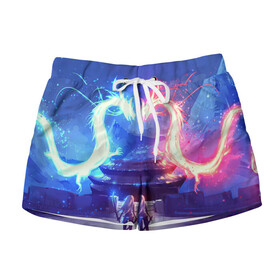 Женские шорты 3D БИТВА ДРАКОНОВ: в Ухте, 100% полиэстер | прямой крой, два кармана без застежек по бокам. Мягкая трикотажная резинка на поясе, внутри которой широкие завязки. Длина до середины бедра | аниме | битва | девушка | драконы | меч | неон
