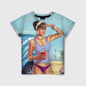 Детская футболка 3D с принтом girl with coffee в Ухте, 100% гипоаллергенный полиэфир | прямой крой, круглый вырез горловины, длина до линии бедер, чуть спущенное плечо, ткань немного тянется | art | beach | car | game | grand theft auto v | gta 5 | gta online | sand | sky | арт | гта 5 | гта онлайн | игра | машина | небо | песок | пляж