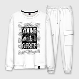 Мужской костюм хлопок с принтом YOUNG WILD &FREE в Ухте, 100% хлопок | на свитшоте круглая горловина, мягкая резинка по низу. Брюки заужены к низу, на них два вида карманов: два “обычных” по бокам и два объемных, с клапанами, расположенные ниже линии бедра. Брюки с мягкой трикотажной резинкой на поясе и по низу штанин. В поясе для дополнительного комфорта — широкие завязки | Тематика изображения на принте: free | text | wild | word | young | арт | дерзость | дикость | колючка | молодость | надписи | проволока | свобода