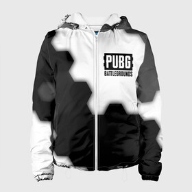 Женская куртка 3D с принтом PUBG: Battlegrounds - Hexagon в Ухте, ткань верха — 100% полиэстер, подклад — флис | прямой крой, подол и капюшон оформлены резинкой с фиксаторами, два кармана без застежек по бокам, один большой потайной карман на груди. Карман на груди застегивается на липучку | Тематика изображения на принте: battle | battlegrounds | game | games | logo | pubg | royale | shooter | батлграунд | битва | игра | игры | королевская | лого | пабг | символ | соты | шутер
