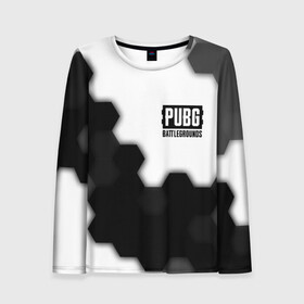 Женский лонгслив 3D с принтом PUBG: Battlegrounds - Hexagon в Ухте, 100% полиэстер | длинные рукава, круглый вырез горловины, полуприлегающий силуэт | Тематика изображения на принте: battle | battlegrounds | game | games | logo | pubg | royale | shooter | батлграунд | битва | игра | игры | королевская | лого | пабг | символ | соты | шутер
