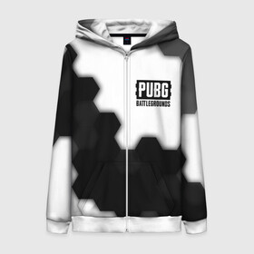 Женская толстовка 3D на молнии с принтом PUBG: Battlegrounds - Hexagon в Ухте, 100% полиэстер | длина до линии бедра, манжеты и пояс оформлены мягкой тканевой резинкой, двухслойный капюшон со шнурком для регулировки, спереди молния, по бокам два кармана | Тематика изображения на принте: battle | battlegrounds | game | games | logo | pubg | royale | shooter | батлграунд | битва | игра | игры | королевская | лого | пабг | символ | соты | шутер