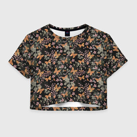 Женская футболка Crop-top 3D Ретро узор . Бабочки: в Ухте, 100% полиэстер | круглая горловина, длина футболки до линии талии, рукава с отворотами | бабочки | винтажный | детский | женский | коричневый | растения | ретро | тропический | черный фон