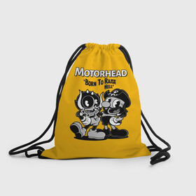 Рюкзак-мешок 3D с принтом Motorhead x Cuphead в Ухте, 100% полиэстер | плотность ткани — 200 г/м2, размер — 35 х 45 см; лямки — толстые шнурки, застежка на шнуровке, без карманов и подкладки | alternative | cuphead | metall | motorhead | music | rock | альтернатива | капхэд | лемми | металл | моторхед | моторхэд | музыка | рок