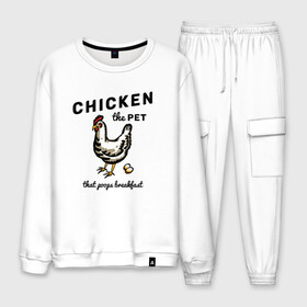 Мужской костюм хлопок с принтом Chicken The Pet  в Ухте, 100% хлопок | на свитшоте круглая горловина, мягкая резинка по низу. Брюки заужены к низу, на них два вида карманов: два “обычных” по бокам и два объемных, с клапанами, расположенные ниже линии бедра. Брюки с мягкой трикотажной резинкой на поясе и по низу штанин. В поясе для дополнительного комфорта — широкие завязки | english | pet | poops breakfast | домашняя птица | завтрак | курица | на иностранном | по английски | прикольные надписи | рисунок | яйца