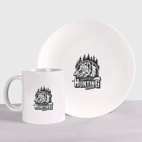Набор: тарелка + кружка Сезон охоты: в Ухте, керамика | Кружка: объем — 330 мл, диаметр — 80 мм. Принт наносится на бока кружки, можно сделать два разных изображения. 
Тарелка: диаметр - 210 мм, диаметр для нанесения принта - 120 мм. | for hunt | for hunter | hunt | hunter | weapon | дичь | оружие | охота | охотник | охотникам | охотнику | охотнице