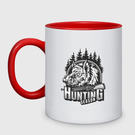 Кружка двухцветная Сезон охоты: в Ухте, керамика | объем — 330 мл, диаметр — 80 мм. Цветная ручка и кайма сверху, в некоторых цветах — вся внутренняя часть | for hunt | for hunter | hunt | hunter | weapon | дичь | оружие | охота | охотник | охотникам | охотнику | охотнице