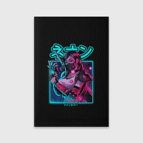 Обложка для паспорта матовая кожа с принтом Neon girl в Ухте, натуральная матовая кожа | размер 19,3 х 13,7 см; прозрачные пластиковые крепления | Тематика изображения на принте: anime | girl | hieroglyphs | katana | neon | samurai | аниме | девушка | иероглифы | катана | неон | самурай