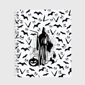 Тетрадь с принтом Хэллоуин, Grim Reaper в Ухте, 100% бумага | 48 листов, плотность листов — 60 г/м2, плотность картонной обложки — 250 г/м2. Листы скреплены сбоку удобной пружинной спиралью. Уголки страниц и обложки скругленные. Цвет линий — светло-серый
 | Тематика изображения на принте: bat | death | ghost | halloween | horror | spiderweb | вампиры | летучая мышь | летучие мыши | нечистая сила | нечисть | пауки | паутина | привидение | призрак | страшный | тыква | тьма | хеллоуин | хоррор | хэллоуин