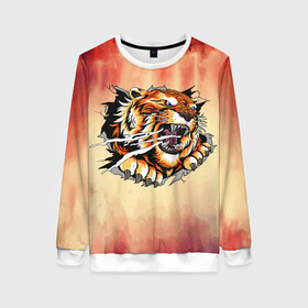 Женский свитшот 3D с принтом Ярость в Ухте, 100% полиэстер с мягким внутренним слоем | круглый вырез горловины, мягкая резинка на манжетах и поясе, свободная посадка по фигуре | арт | голова | графика | животные | звери | тигр