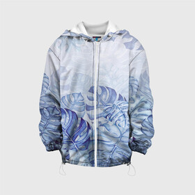 Детская куртка 3D Синие листья: в Ухте, 100% полиэстер | застежка — молния, подол и капюшон оформлены резинкой с фиксаторами, по бокам — два кармана без застежек, один потайной карман на груди, плотность верхнего слоя — 90 г/м2; плотность флисового подклада — 260 г/м2 | крупные листья | листва | лиственный фон | листья | природа | синий фон