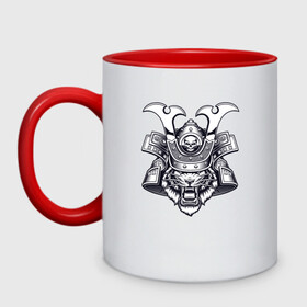 Кружка двухцветная с принтом Tiger Warrior в Ухте, керамика | объем — 330 мл, диаметр — 80 мм. Цветная ручка и кайма сверху, в некоторых цветах — вся внутренняя часть | 2022 | animal | cat | lion | tiger | год тигра | животные | зубы | кот | кошка | лев | охотник | полосатый | природа | тигр | тигренок | тигрица | хищник