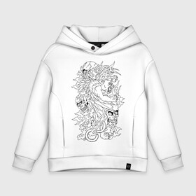 Детское худи Oversize хлопок с принтом Tiger & Skulls tattoo в Ухте, френч-терри — 70% хлопок, 30% полиэстер. Мягкий теплый начес внутри —100% хлопок | боковые карманы, эластичные манжеты и нижняя кромка, капюшон на магнитной кнопке | graphics | hype | jungle | skull | tattoo | tiger | графика | татуировка | тигр | хайп | череп