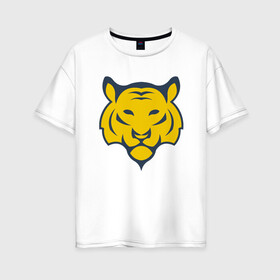 Женская футболка хлопок Oversize с принтом Yellow Tiger в Ухте, 100% хлопок | свободный крой, круглый ворот, спущенный рукав, длина до линии бедер
 | 2022 | animal | cat | lion | tiger | год тигра | животные | зверь | зубы | кот | кошка | лев | охотник | полосатый | природа | тигр | тигренок | тигрица | хищник