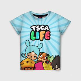 Детская футболка 3D с принтом Toca boca life в Ухте, 100% гипоаллергенный полиэфир | прямой крой, круглый вырез горловины, длина до линии бедер, чуть спущенное плечо, ткань немного тянется | digital toys | gamer | games | helicopter taxi | pets | toca boca | toca hair salon | toca kitchen | toca life | toca life city | toca life worl | toca tea party | video games | игры