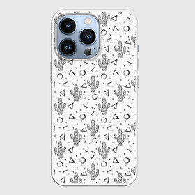 Чехол для iPhone 13 Pro с принтом черно белые кактусы узор в Ухте,  |  | абстрактный | белый фон | геометрические фигуры | кольца | модный | пустыня | серый и белый | треугольники | черно белый