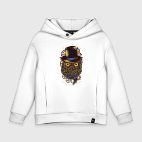 Детское худи Oversize хлопок с принтом Сова с пенсне в Ухте, френч-терри — 70% хлопок, 30% полиэстер. Мягкий теплый начес внутри —100% хлопок | боковые карманы, эластичные манжеты и нижняя кромка, капюшон на магнитной кнопке | клюв | пенсне | сова | уличный стиль | шестерня | шляпа