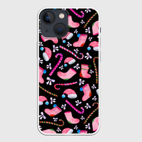 Чехол для iPhone 13 mini с принтом Новогодняя ночь, акварельный узор в Ухте,  |  | merry christmas | new year | акварель | бантики | дед мороз | елка | зима | зимний орнамент | зимний узор | карамель | колпак | колпак новогодний | конфеты | леденец | новогодний | новый год | носок | ночь