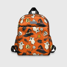 Детский рюкзак 3D с принтом Хэллоуинские шалости в Ухте, 100% полиэстер | лямки с регулируемой длиной, сверху петелька, чтобы рюкзак можно было повесить на вешалку. Основное отделение закрывается на молнию, как и внешний карман. Внутри дополнительный карман. По бокам два дополнительных кармашка | Тематика изображения на принте: background | иллюстрация | паук | паутина | череп