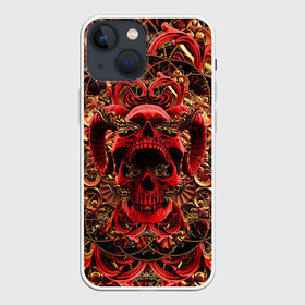Чехол для iPhone 13 mini с принтом Череп красного демона в Ухте,  |  | gold | halloween | happy halloween | holiday | horns of satan | ornament | patterns | red skull | золото | красный череп | орнамент | праздник | рога сатаны | узоры | хэллоуин