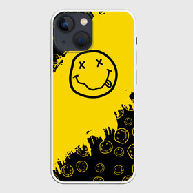 Чехол для iPhone 13 mini с принтом Nirvana Smile | Нирвана Рваный Паттерн в Ухте,  |  | album | curt | grunge | kobain | logo | music | nevermind | nirvana | pattern | rock | smells like | smile | teen spirit | альбом | брызги | гитара | гранж | курт кобейн | логотип | музыка | невермайнд | нирвана | паттерн | потертости | рок | сма
