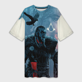 Платье-футболка 3D с принтом ASSASSIN S CREED VALHALLA ЭЙВОР И ВОРОН в Ухте,  |  | crow | slayer | valhalla | vikings | асасин | ассасин крид | ассассин | вальхалла | викинги | ворон | тамплиеры