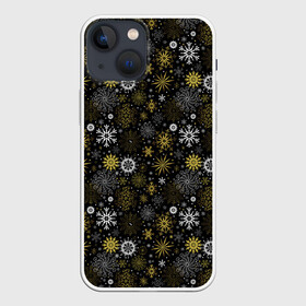 Чехол для iPhone 13 mini с принтом Зимние Узоры (золотые) в Ухте,  |  | merry christmas | дед мороз | ёлка | зима | мороз | новый год | подарок | праздник | рождество | с новым годом | сантаклаус | снег | снеговик | снегурочка | снежинки | снежные узоры | узоры