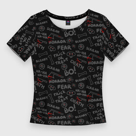 Женская футболка 3D Slim с принтом Sceary в Ухте,  |  | axe | bone | eye | knife | skull | spider | глаз | кости | надписи | нож | паук | топор | череп