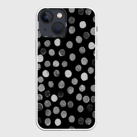 Чехол для iPhone 13 mini с принтом Кружочки на черном фоне в Ухте,  |  | белое | горох | горошек | краска | круги | круглое | круглые | кружки | кружочки | мазки | орнамент | паттерн | принт | пятна | пятнышки | серое | узор | чб | чернобелое | черное