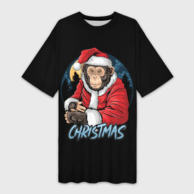Платье-футболка 3D с принтом CHRISTMAS (обезьяна) в Ухте,  |  | chimpanzee | christmas | gorilla | merry christmas | monkey | santa claus | бигфут | гамадрил | гиббон | год обе | горилла | дед мороз | ёлка | животное | зверь | мартышка | новый год | обезьяна | орангутан | подарок | праздник