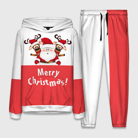 Женский костюм 3D (с толстовкой) с принтом Санта с 2 Оленями в Ухте,  |  | christmas | merry christmas | santa claus | дед мороз | ёлка | зима | мороз | новогодние олени | новый год | оленёнок бэмби | оленёнок рудольф | подарок | праздник | рождество | с новым годом | санта клаус