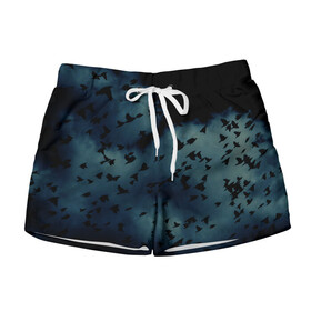 Женские шорты 3D с принтом Flock of birds в Ухте, 100% полиэстер | прямой крой, два кармана без застежек по бокам. Мягкая трикотажная резинка на поясе, внутри которой широкие завязки. Длина до середины бедра | bird | flock of birds | halloween | мрачное небо | птицы | стая птиц