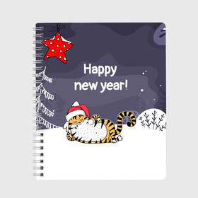 Тетрадь с принтом Happy New Year 2022 Тигр в Ухте, 100% бумага | 48 листов, плотность листов — 60 г/м2, плотность картонной обложки — 250 г/м2. Листы скреплены сбоку удобной пружинной спиралью. Уголки страниц и обложки скругленные. Цвет линий — светло-серый
 | 2022 | год тигра | новый год | новый год 2022 | символ года | тигр | тигренок | тигрица | тигры