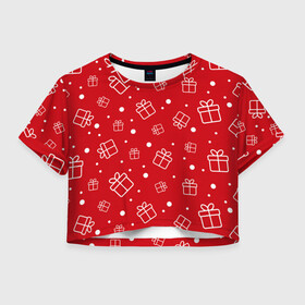 Женская футболка Crop-top 3D с принтом Новогодние подарки на красном фоне в Ухте, 100% полиэстер | круглая горловина, длина футболки до линии талии, рукава с отворотами | 2021 | 2022 | christmas | merry | merry christmas | new year | snow | sweater | ugly christmas | winter | year of the tiger | год тигра | зима | новогодний | новогодняя | новый год | рождественский | рождественский свитер | рождество | свитер | 