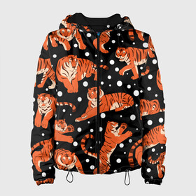 Женская куртка 3D с принтом Тигры, Символ 2022 года в Ухте, ткань верха — 100% полиэстер, подклад — флис | прямой крой, подол и капюшон оформлены резинкой с фиксаторами, два кармана без застежек по бокам, один большой потайной карман на груди. Карман на груди застегивается на липучку | 2022 | amur tiger | beast | fangs | happy new year | merry christmas | new year | predator | snow | stars | stern grin | stern look | winter | year of the tiger | амурский тигр | год тигра | зверь | зима | клыки | новый год | снег | снежинка | с