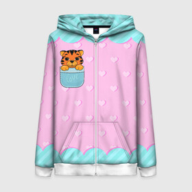 Женская толстовка 3D на молнии Маленький тигр в кармане: в Ухте, 100% полиэстер | длина до линии бедра, манжеты и пояс оформлены мягкой тканевой резинкой, двухслойный капюшон со шнурком для регулировки, спереди молния, по бокам два кармана | 2022 | год тигра | новый год | новый год 2022 | символ года | тигр | тигренок | тигрица | тигры