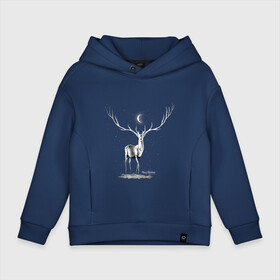 Детское худи Oversize хлопок с принтом Ночной олень в Ухте, френч-терри — 70% хлопок, 30% полиэстер. Мягкий теплый начес внутри —100% хлопок | боковые карманы, эластичные манжеты и нижняя кромка, капюшон на магнитной кнопке | веселого рождества | животные | звезды | луна | новый год | ночь | олень | рождество