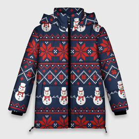 Женская зимняя куртка Oversize с принтом Christmas Background в Ухте, верх — 100% полиэстер; подкладка — 100% полиэстер; утеплитель — 100% полиэстер | длина ниже бедра, силуэт Оверсайз. Есть воротник-стойка, отстегивающийся капюшон и ветрозащитная планка. 

Боковые карманы с листочкой на кнопках и внутренний карман на молнии | background | christmas | holiday | knitted pattern | new year | pattern | snowman | вязаный узор | новый год | праздник | рождество | снеговик | узор | фон