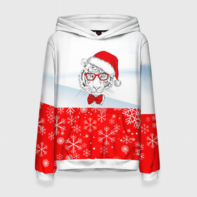 Женская толстовка 3D с принтом Новогодний тигр в сугробе снега. в Ухте, 100% полиэстер  | двухслойный капюшон со шнурком для регулировки, мягкие манжеты на рукавах и по низу толстовки, спереди карман-кенгуру с мягким внутренним слоем. | 2022 | merry christmas | год тигра | нг | новогодний тигр | новогодняя символика | новый год | рождество | символ 2022 года | снежинки | тигр