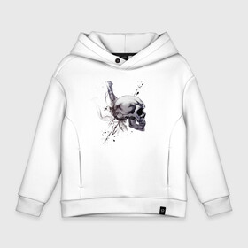 Детское худи Oversize хлопок с принтом Череп. Брызги краски. в Ухте, френч-терри — 70% хлопок, 30% полиэстер. Мягкий теплый начес внутри —100% хлопок | боковые карманы, эластичные манжеты и нижняя кромка, капюшон на магнитной кнопке | Тематика изображения на принте: брызги | трэш полька | хеллуин | череп | черно белое