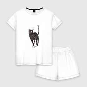 Женская пижама с шортиками хлопок с принтом Рисованная кошка в Ухте, 100% хлопок | футболка прямого кроя, шорты свободные с широкой мягкой резинкой | black | cat | кот | рисунок | черный