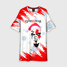 Детское платье 3D с принтом Новогодний God of War. в Ухте, 100% полиэстер | прямой силуэт, чуть расширенный к низу. Круглая горловина, на рукавах — воланы | Тематика изображения на принте: ascension | betrayal | chains of olympus | cratos | ghost of sparta | god of war | hack and slash | kratos | logo | бог войны | год ов вар | год оф вар | игра | кратос | лого | логотип | новогодний | новогодний god of war | снежинки | эмблема