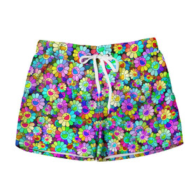 Женские шорты 3D с принтом Rainbow flowers в Ухте, 100% полиэстер | прямой крой, два кармана без застежек по бокам. Мягкая трикотажная резинка на поясе, внутри которой широкие завязки. Длина до середины бедра | takashi murakami | паттерн | радуга | смайл | такаси мураками | улыбка | цветы
